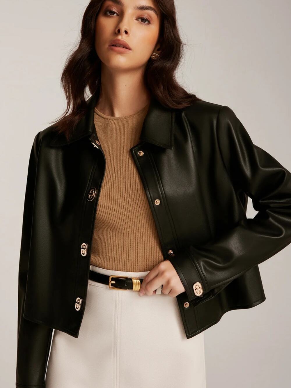 Commense Black Faux Leather Gold Button Cropped Jacket XL – City Chic
